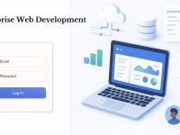 Enterprise Web Development Solution for businesses – Modern login interface, data-driven analytics dashboard, and scalable cloud services for seamless operations.