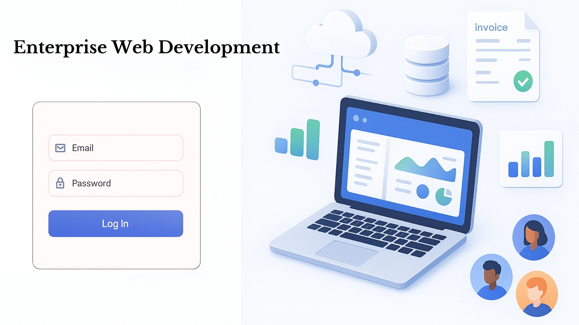 Enterprise Web Development Solution for businesses – Modern login interface, data-driven analytics dashboard, and scalable cloud services for seamless operations.