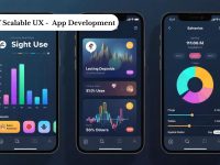 Three mobile screens displaying interactive UI components and graph overlays, visually illustrating scalable UX design in mobile app development.