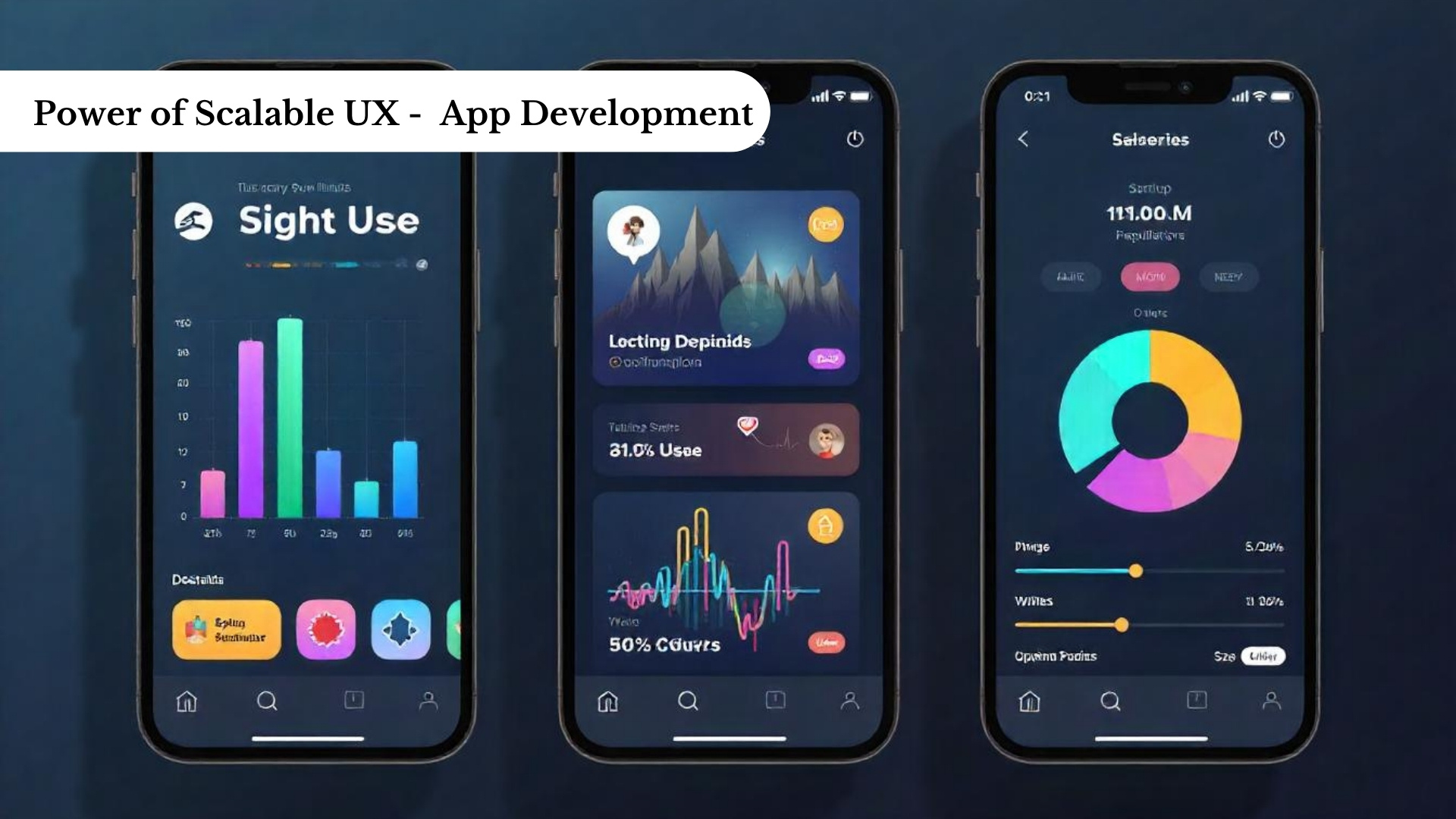 Three mobile screens displaying interactive UI components and graph overlays, visually illustrating scalable UX design in mobile app development.