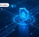 Futuristic digital shield with glowing lock icon, symbolizing AI-powered cybersecurity, data protection, and threat prevention in a modern tech environment."